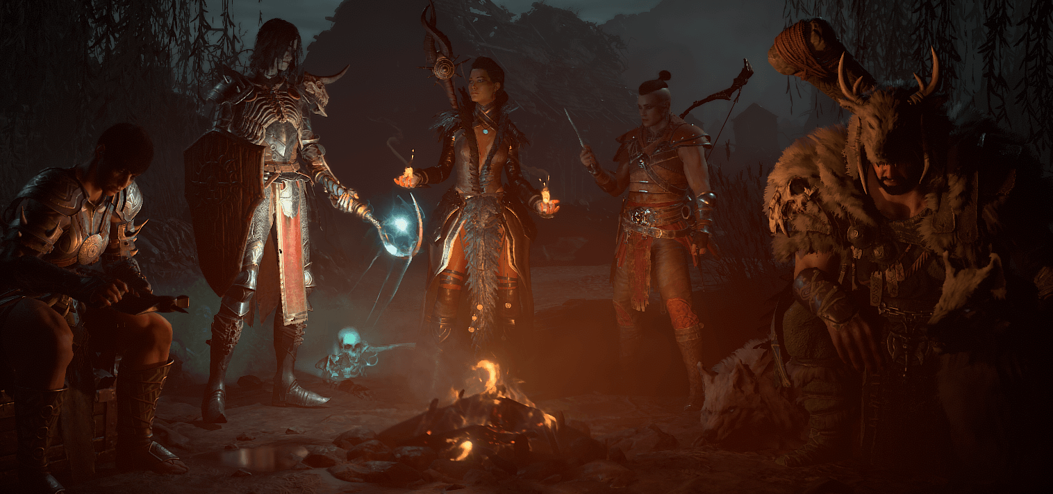 Diablo 4 character classes gathering around a campfire.