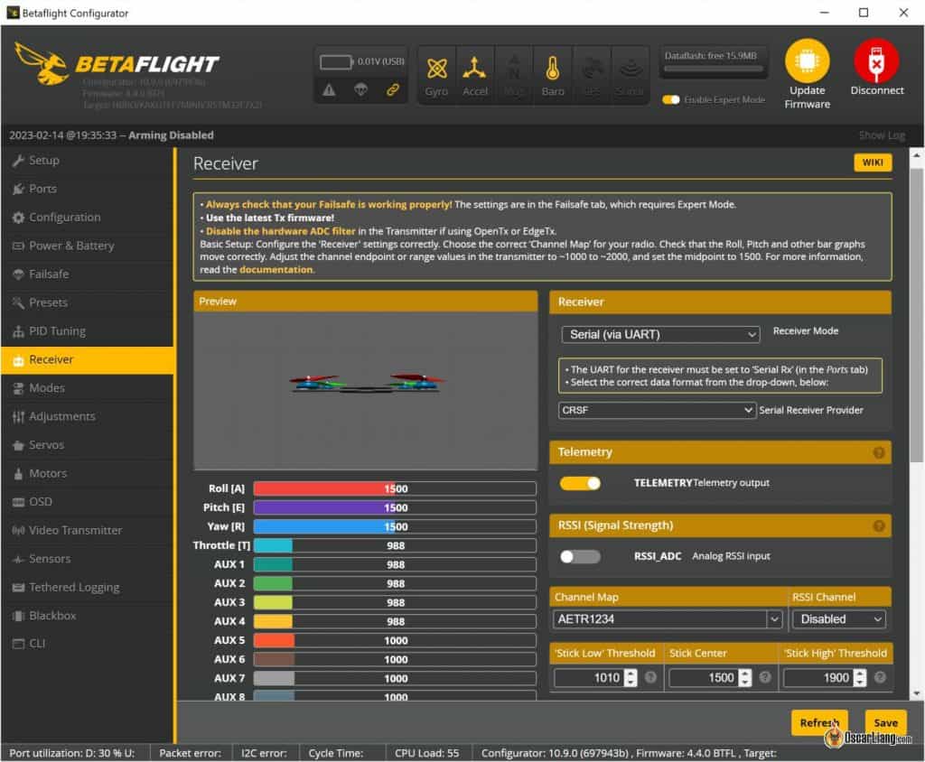 Betaflight Configurator version 10.9.0 supports receiver serial CRSF telemetry.