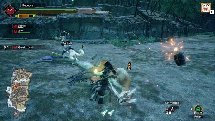 In Monster Hunter Rise, a defeated creature is struck with a final blow by the team. The yellow numbers highlight that the creature