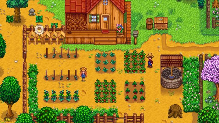 A view of a farm in Stardew Valley.