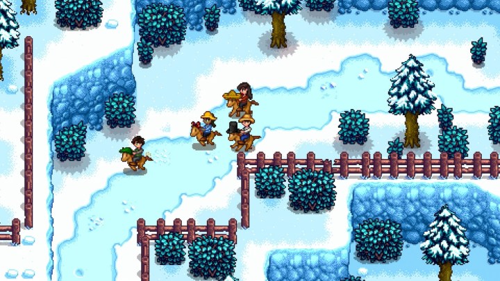 Four players from Stardew Valley horseback riding during the winter season.