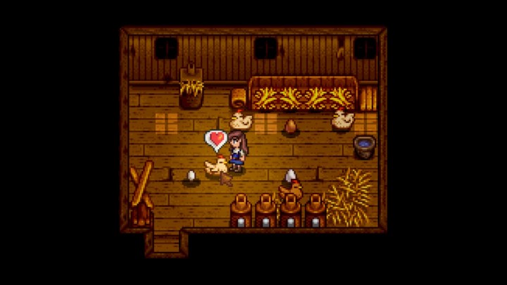 Within a poultry shelter in Stardew Valley.