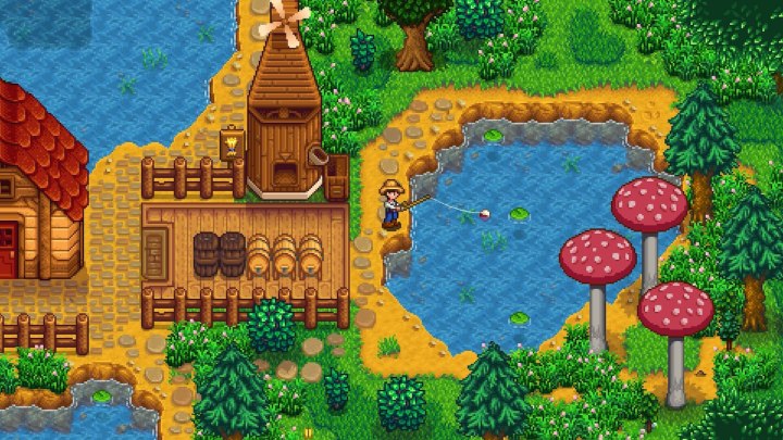 A farmer in Stardew Valley is engaged in fishing.