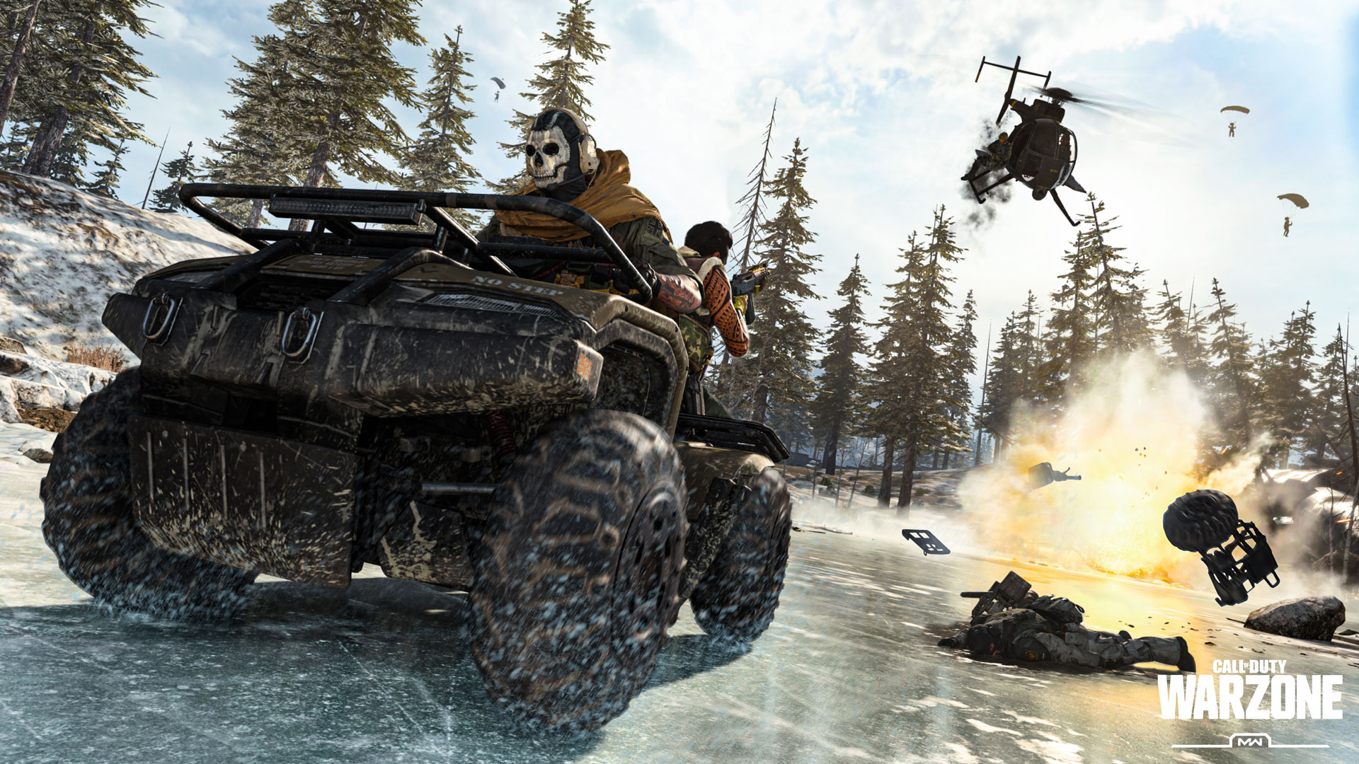 A soldier donning a skull mask navigates an ATV across a frozen lake nestled in the forest. Behind him, a soldier covered in tattoos is firing at a pursuing helicopter. Two paratroopers are outlined against the sky. Suddenly, a massive explosion occurs, and a soldier is thrown into the chaos.