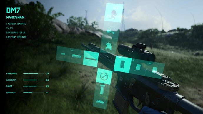 The menu for weapon attachments in Battlefield 2042.