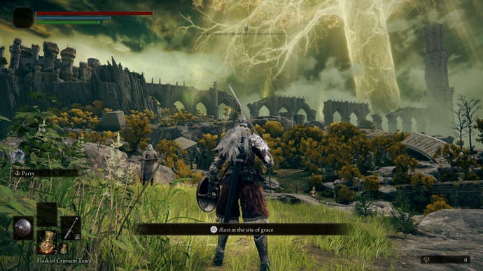 A heavily armored figure wielding a sword and shield gazes over the vibrant landscape of Limgrave in Elden Ring.