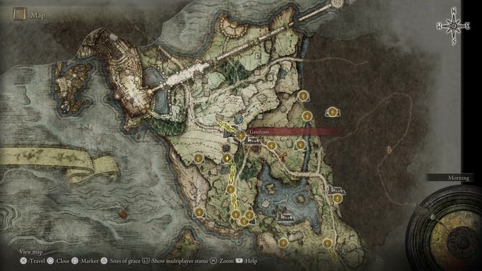 A map of Limgrave in Elden Ring featuring the Gate Front Site of Grace highlighted at Stormveil Castle.