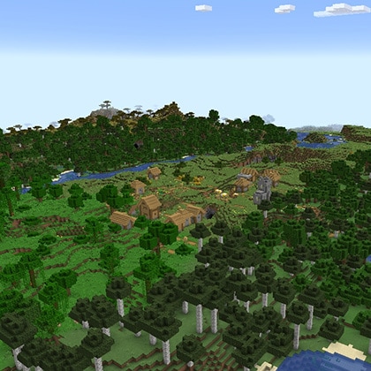 A remote settlement is visible from an aerial perspective in the Minecraft Overworld.