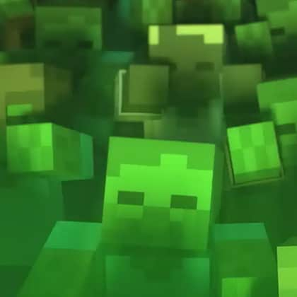 A swarm of Minecraft zombies is extending their arms towards the viewer.