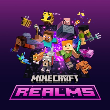 A diverse array of characters and creatures is displayed above the Minecraft Realms emblem.