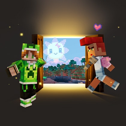 Two avatars adorned in personalized skins are stepping through a radiant portal into a Minecraft realm.