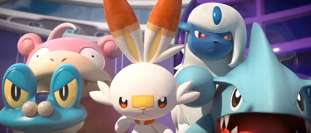 Pokemon Unite features a variety of characters including Froakie, Slowpoke, Scorebunny, Absol, and Gible.